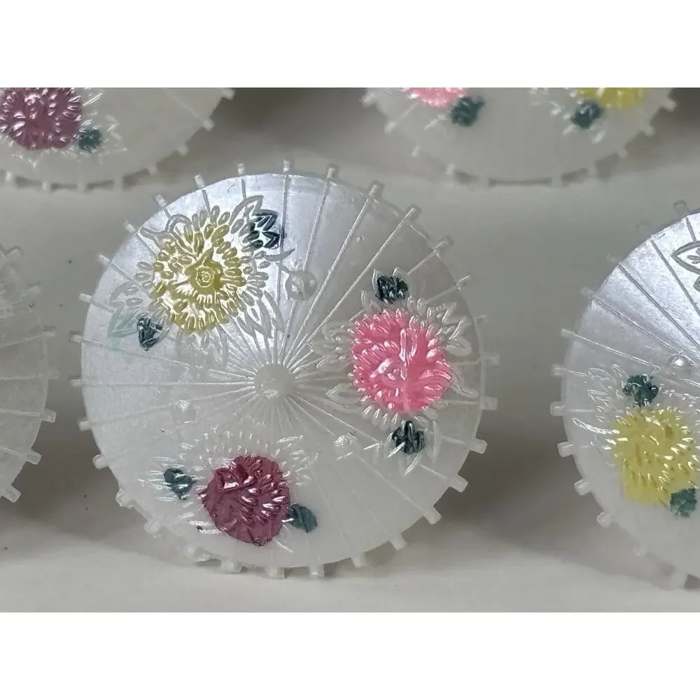 20 Vintage Plastic Cake Topper Parasols Painted Umbrellas Floral Pearlescent